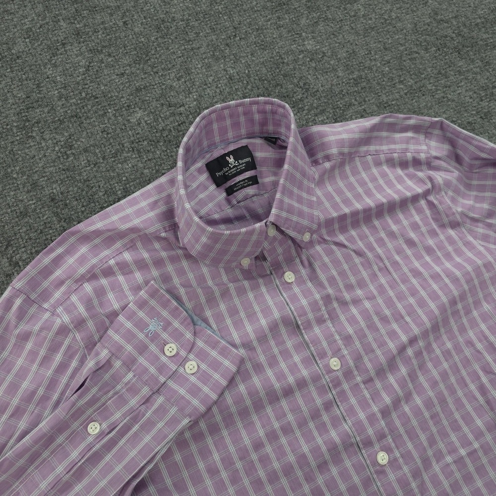 Psycho Bunny Shirt Mens 16 34/35 Purple Plaid Stretch Non Iron Dress Business